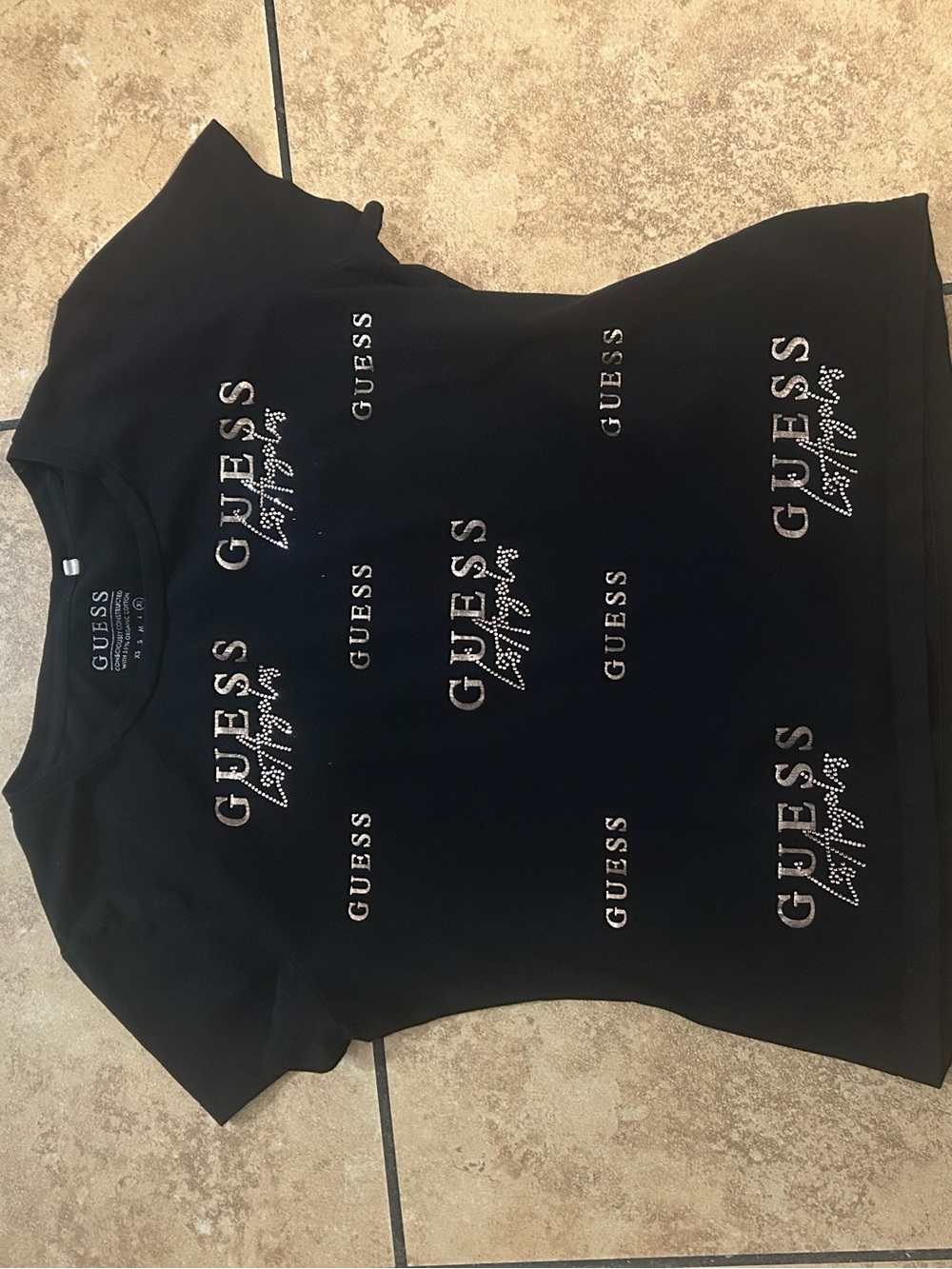 GUESS Black Short Sleeve Tee with Crystal Logo Accents